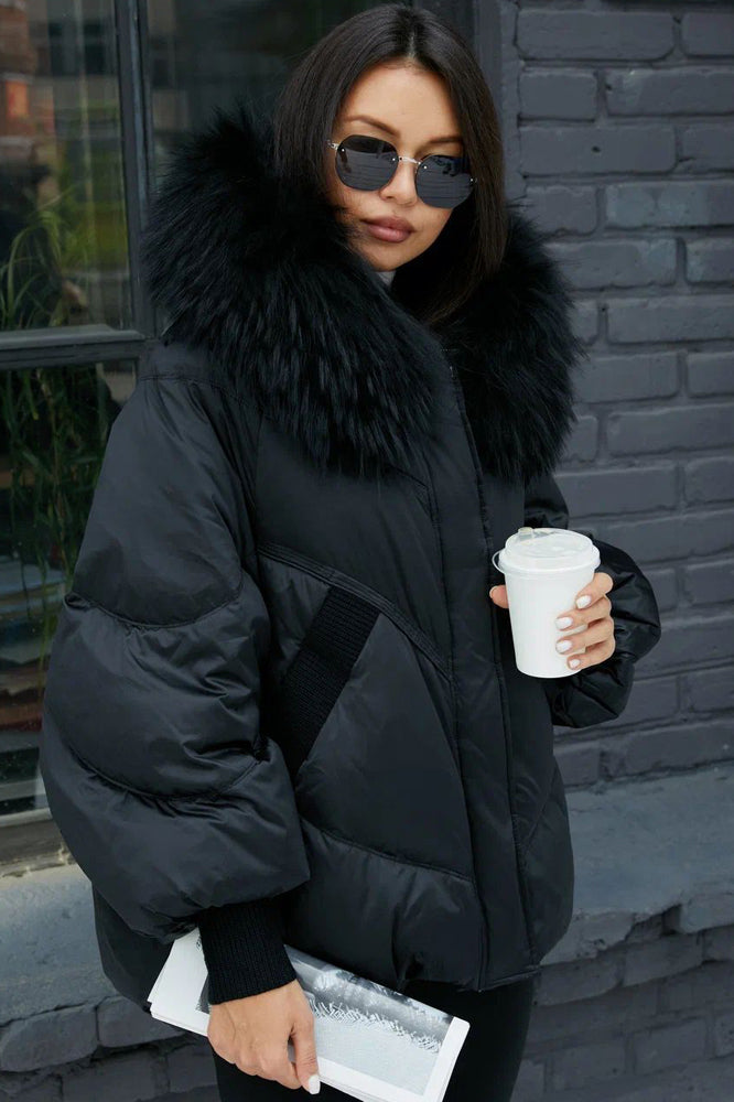 Chantal Genuine Fur Trim Down Fill Coat in Black