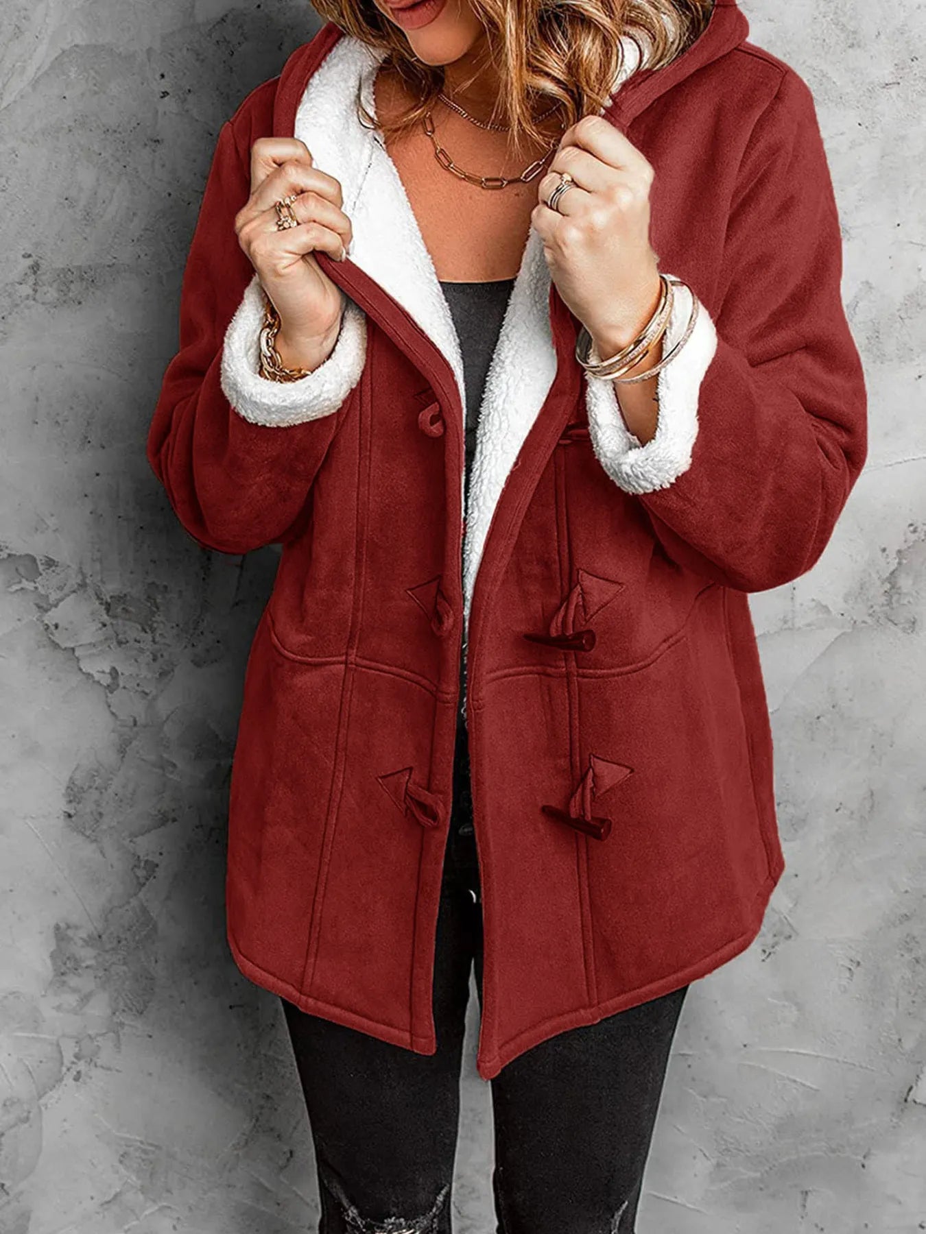 Full Size Cozy Sherpa Lined Toggle Coat with Hood Plus Size